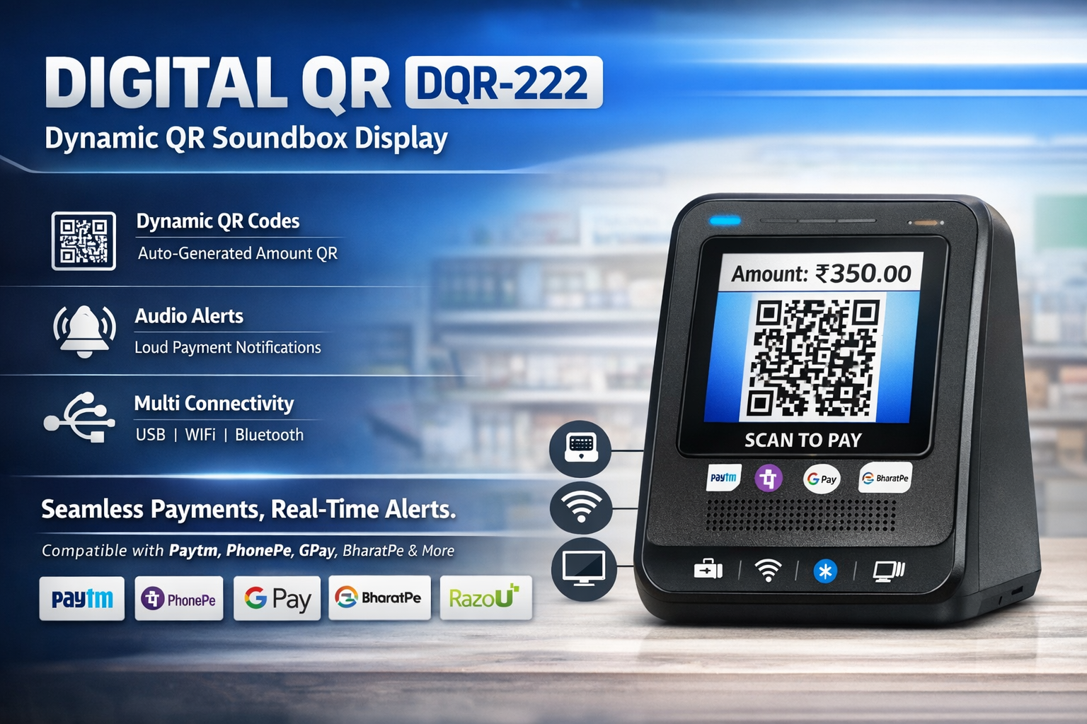 DQR-222 Dynamic QR Soundbox Display with USB WiFi BLE Connectivity